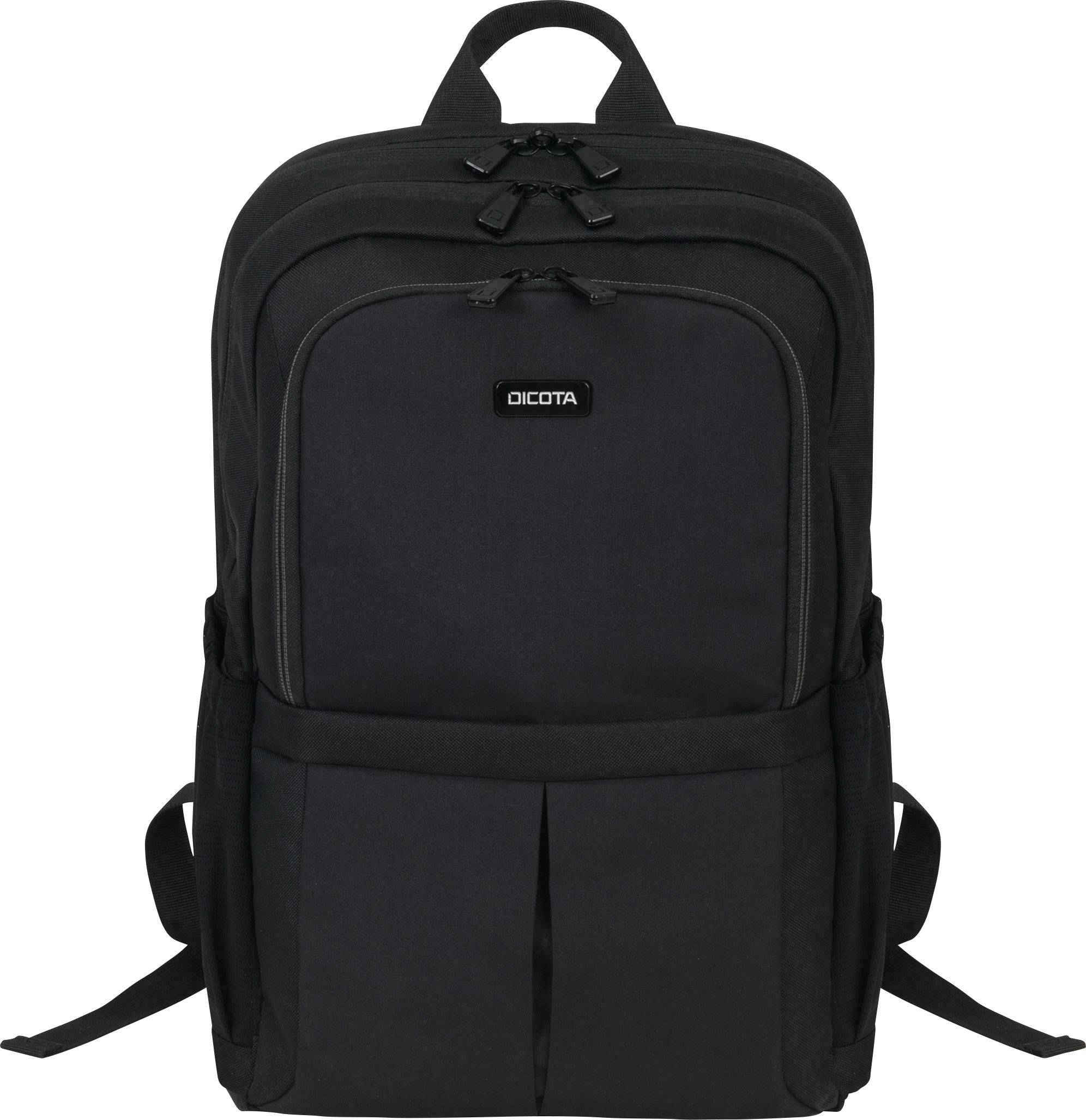 Czarny plecak z wieloma komorami i uchwytem na górze, odpowiedni do przewożenia laptopów i materiałów szkolnych.