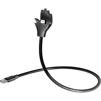Elastyczny kabel USB z uchwytem w kształcie dłoni, który służy jako podstawka do smartfona.