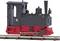Model małej lokomotywy parowej w kolorach czarnym i czerwonym, stojącej na torach, z charakterystycznym kominem i widocznymi szczegółami.
