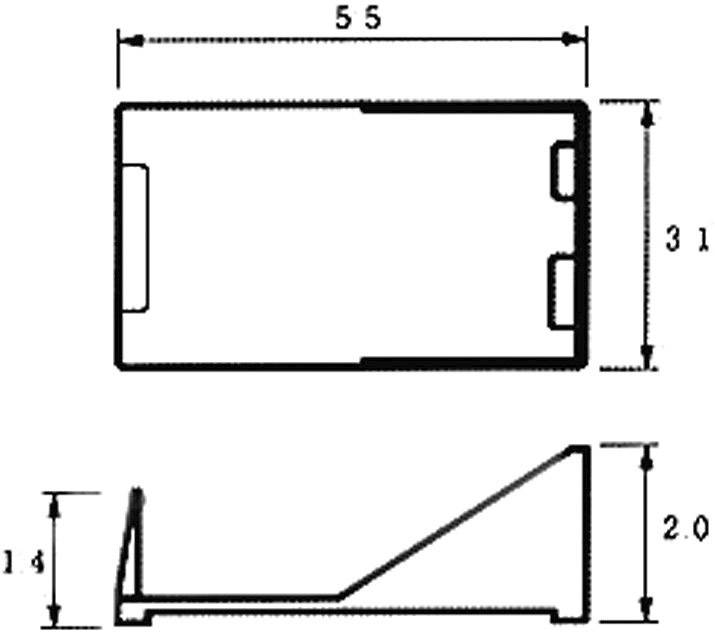Rysunek techniczny prostokątnego profilu o wymiarach: 55 szerokość, 31 wysokość, 14 głębokość oraz krawędzi bocznej o grubości 2.
