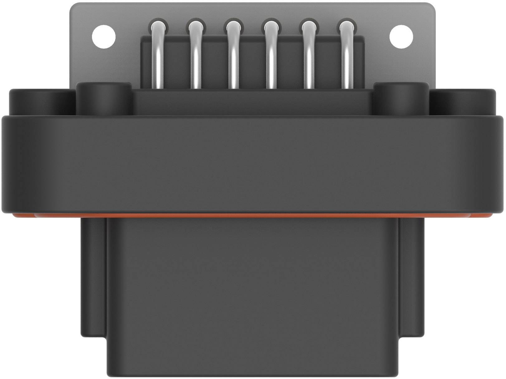 Czarny elektroniczny złącz z wieloma metalowymi stykami wystającymi z góry.