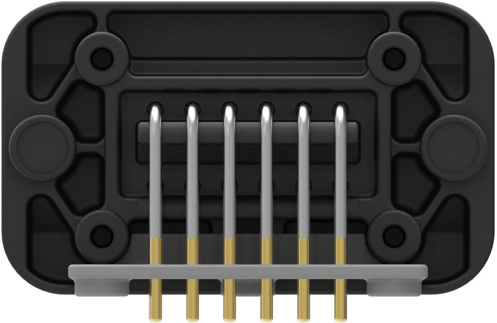 Zbliżenie złącza z sześcioma metalowymi stykami, odpowiedniego do urządzeń elektronicznych.