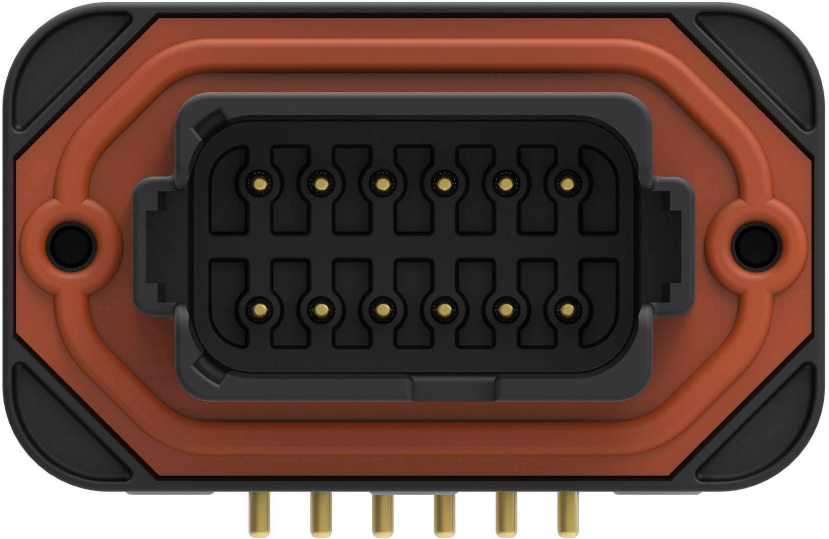 Wielobiegunowe złącze elektroniczne z czarną i czerwoną obudową, widoczne są liczne złote styki.