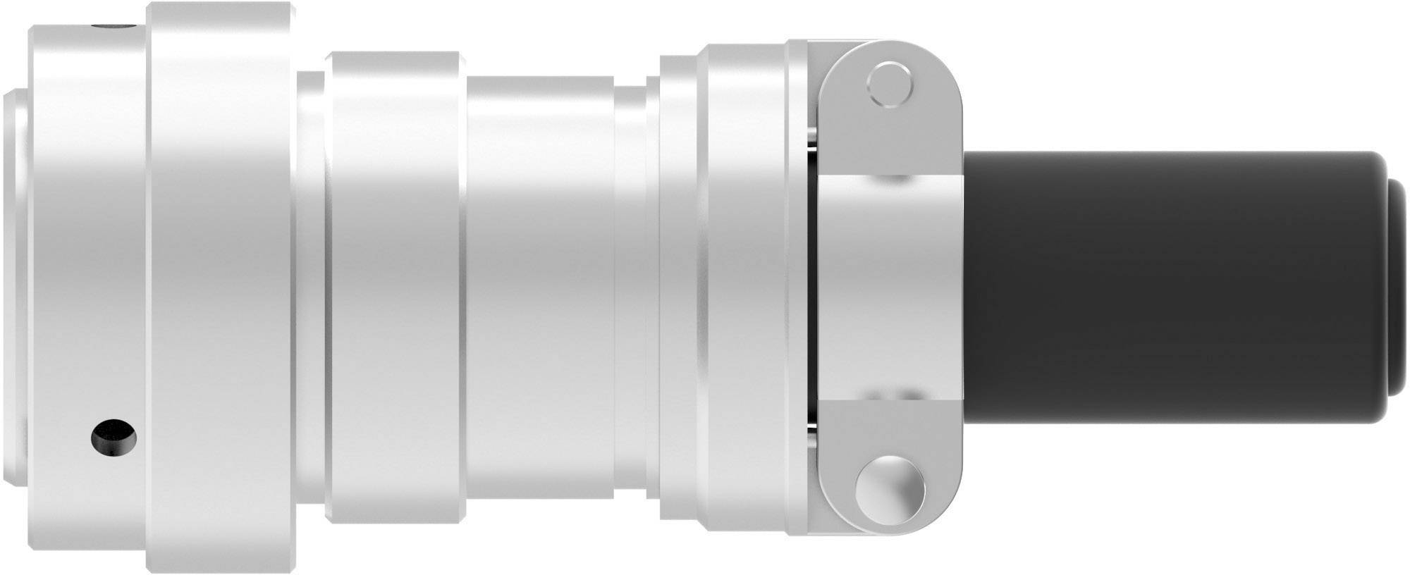 Srebrny metalowy łącznik z czarną rurką, widok z boku, element mechaniczny do zastosowań przemysłowych.
