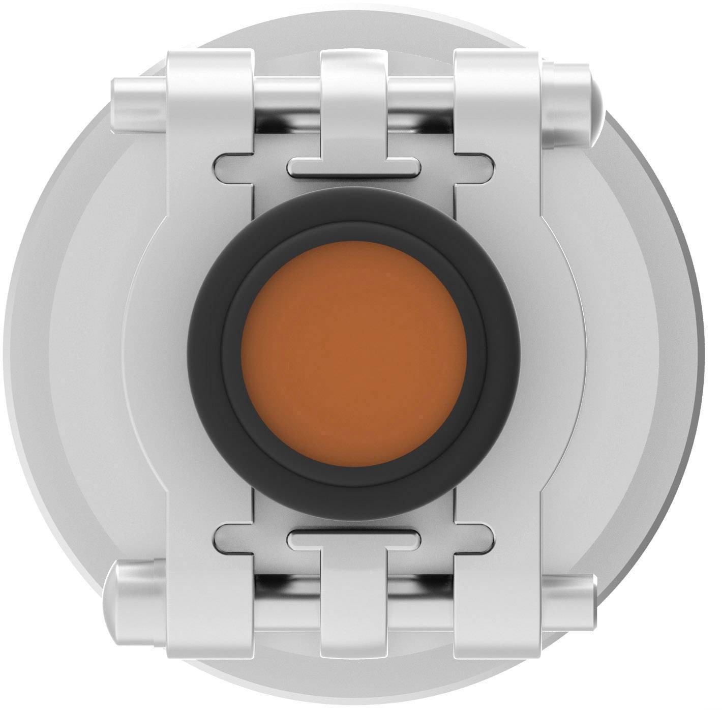 Widok z góry na okrągłą, srebrną lampę LED z centralnym, pomarańczowym przyciskiem, otoczonym metalowymi elementami nośnymi.