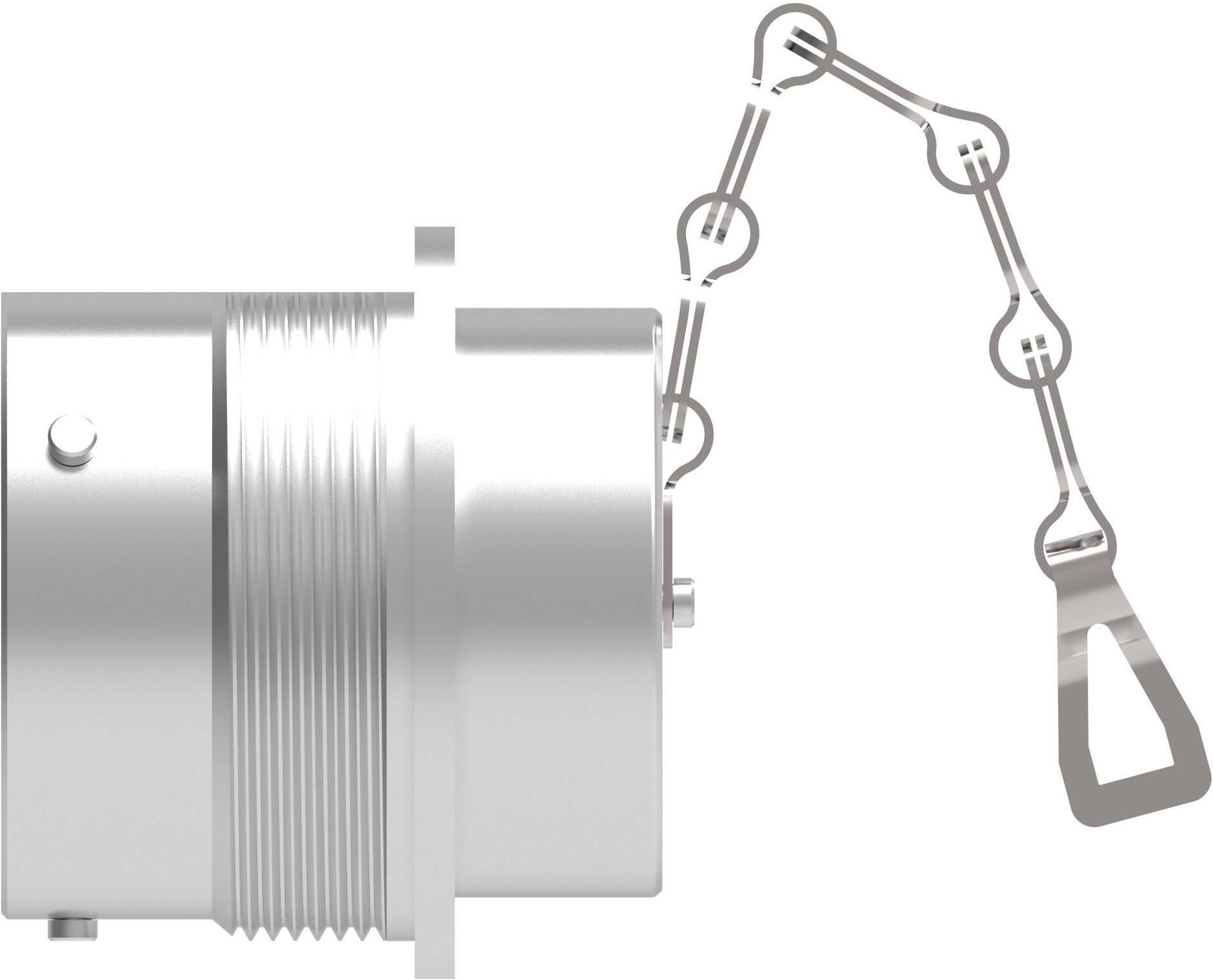Srebrny cylindryczny zaczep z cienkim metalowym łańcuszkiem przymocowanym do prostokątnej zakładki.