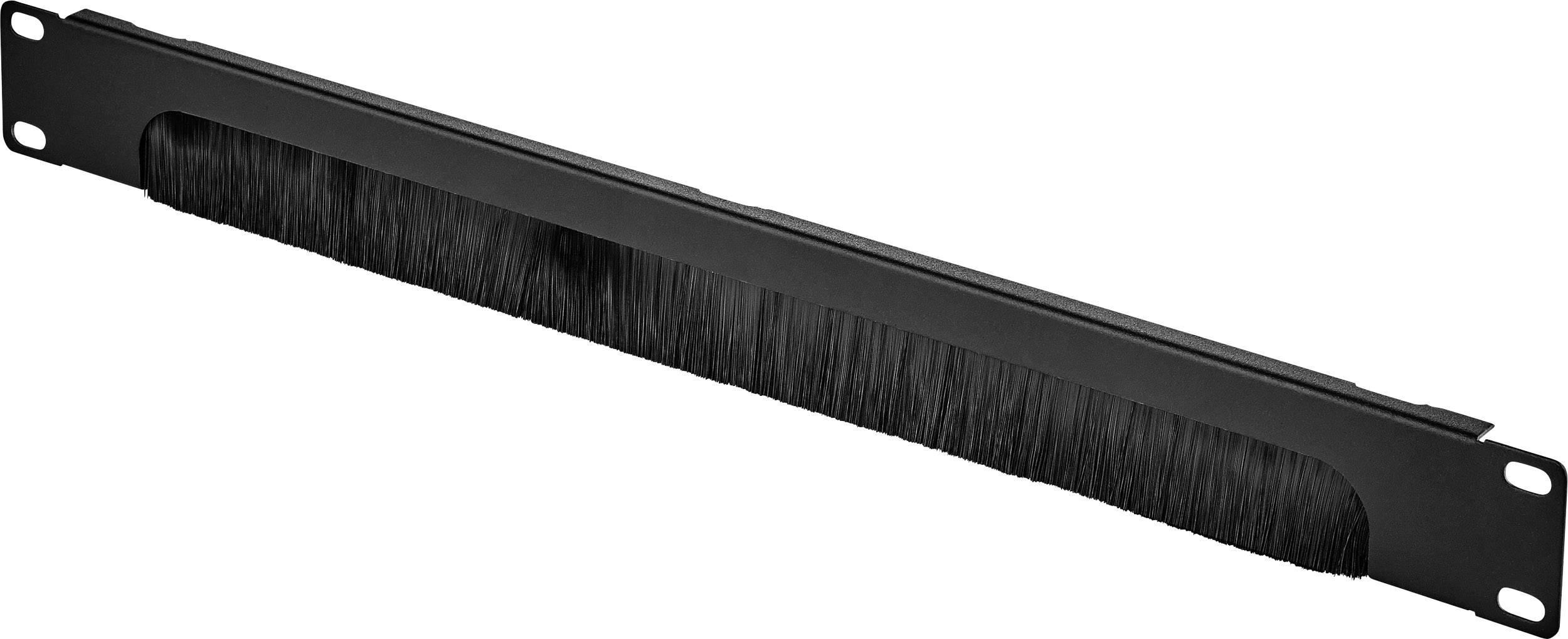 Czarna listwa do zarządzania kablami z paskiem szczotkowym, idealna do estetycznego prowadzenia przewodów w szafie serwerowej.