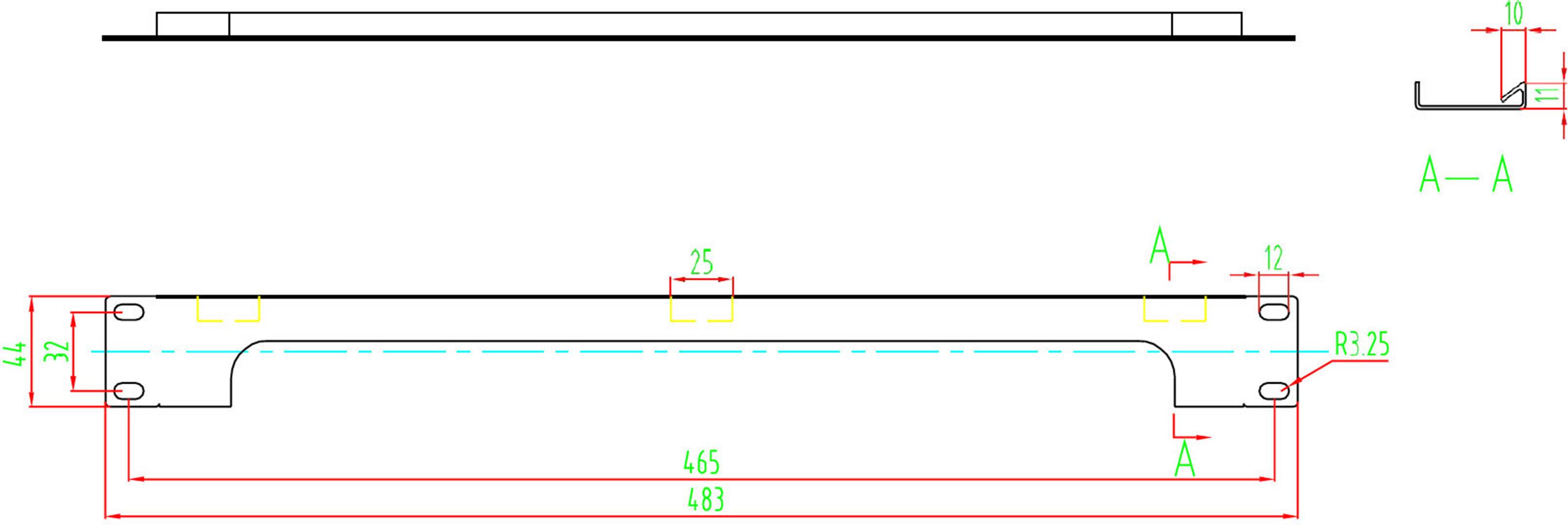 Rysunek techniczny prostokątnego elementu metalowego, widok z boku oraz przekrój A-A, przedstawiający wymiary i zagięcia.
