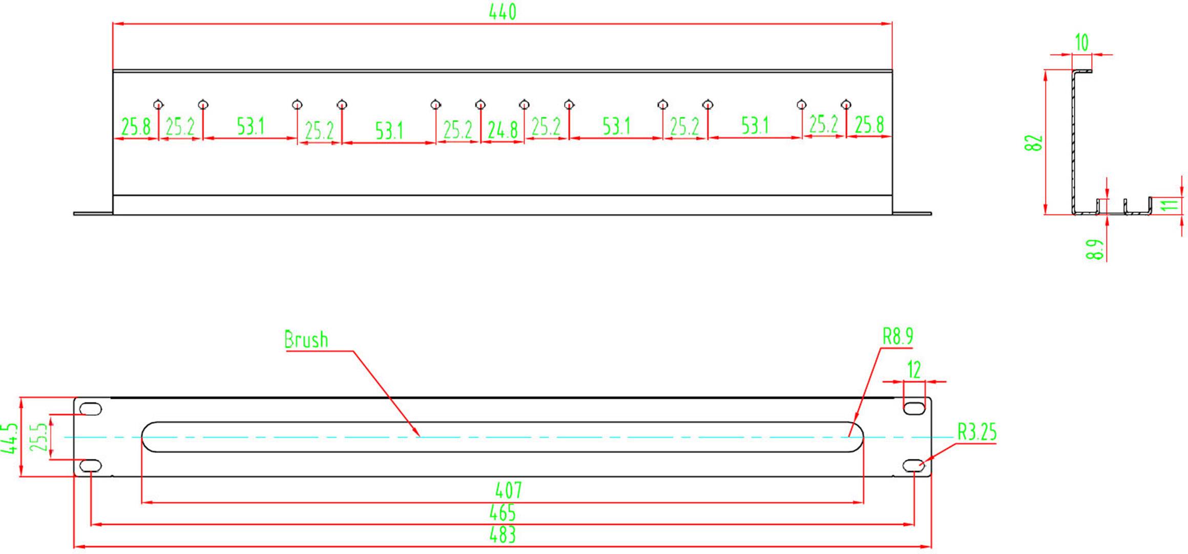 Rysunek techniczny profilu metalowego ze szczegółowymi wymiarami: długość 440 mm, wysokość 80 mm, szerokość 12 mm. Przedstawia przekrój oraz widoki.