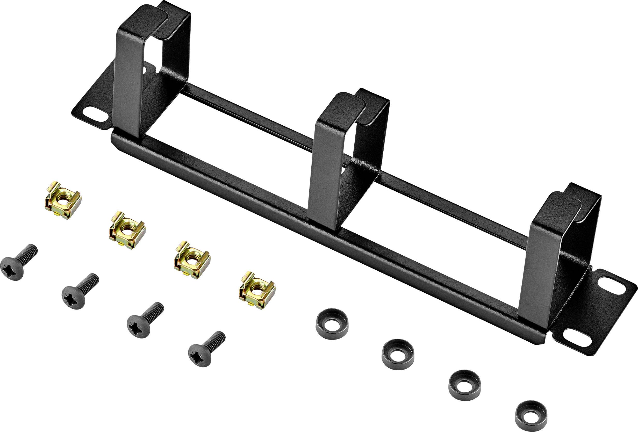 Czarny metalowy zestaw mocujący z wieloma śrubami, nakrętkami i podkładkami, przedstawiony w widoku płaskim na białym tle.