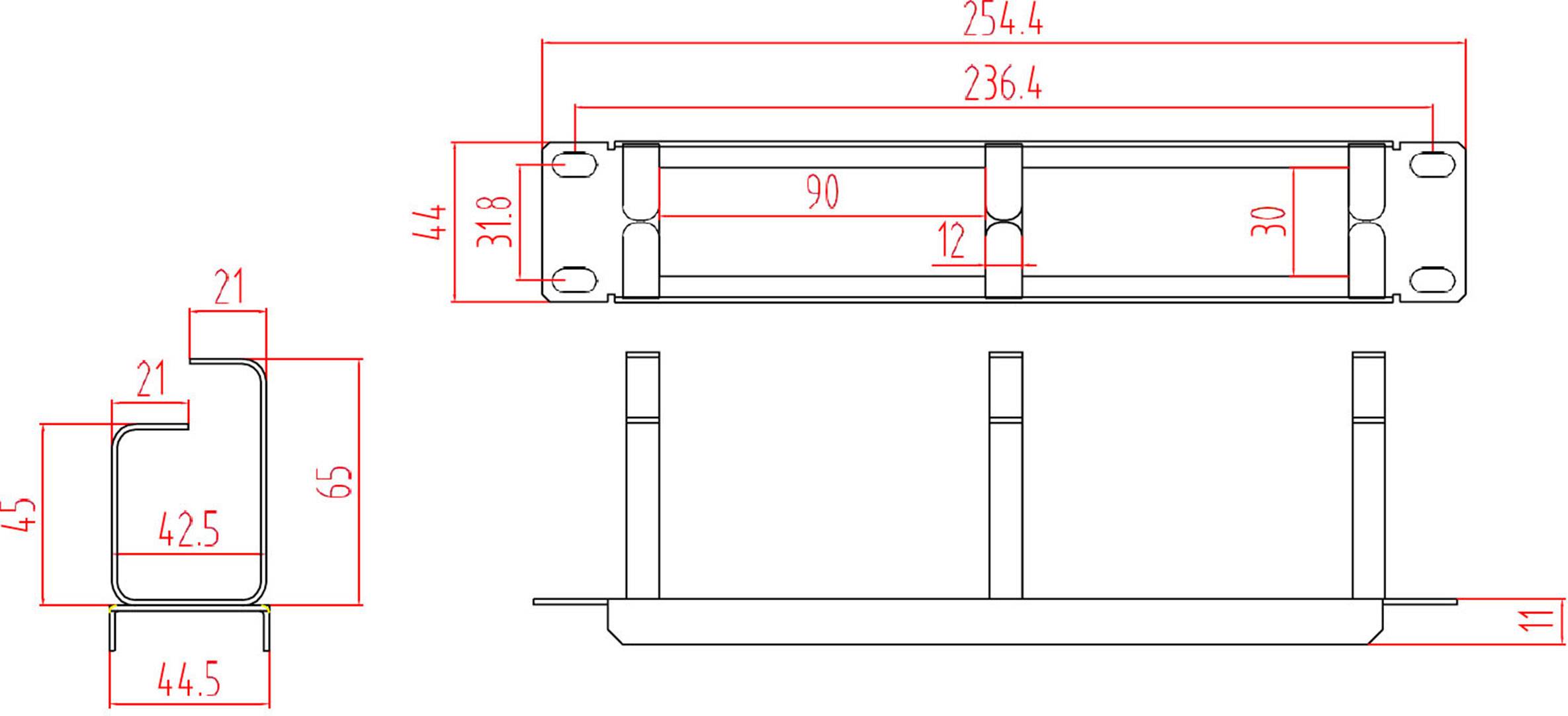 Rysunek techniczny przedstawia przekrój i widok z boku konstrukcji metalowej ze szczegółowymi wymiarami w milimetrach.