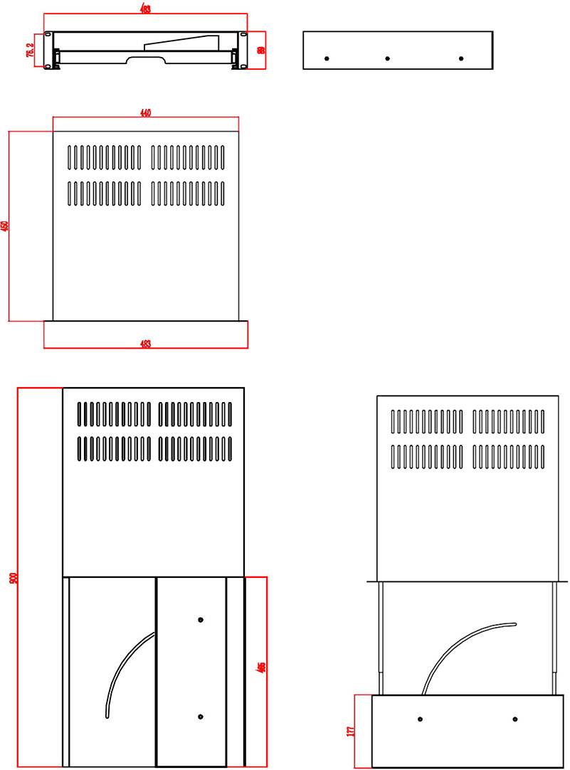 Rysunek techniczny prostokątnego urządzenia z wymiarami, otworami wentylacyjnymi i oznaczeniami. Przedstawiono widok z boku, z góry i z przodu.