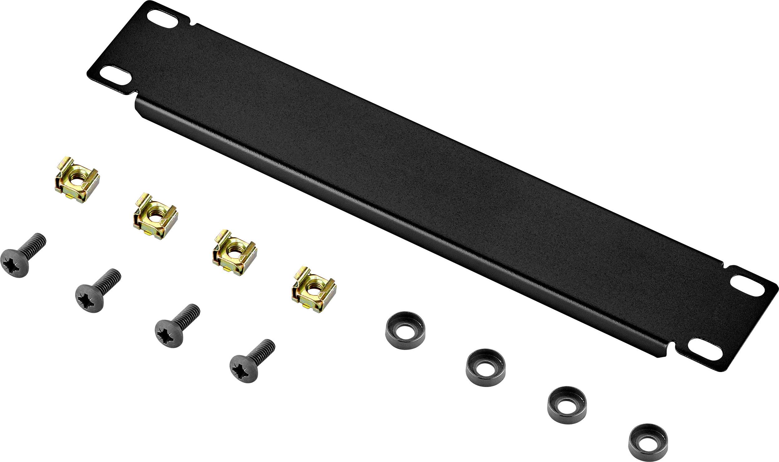 Czarna ślepa płyta do szafy rack z czterema śrubami, nakrętkami i podkładkami, przeznaczona do montażu w szafie serwerowej lub sieciowej.