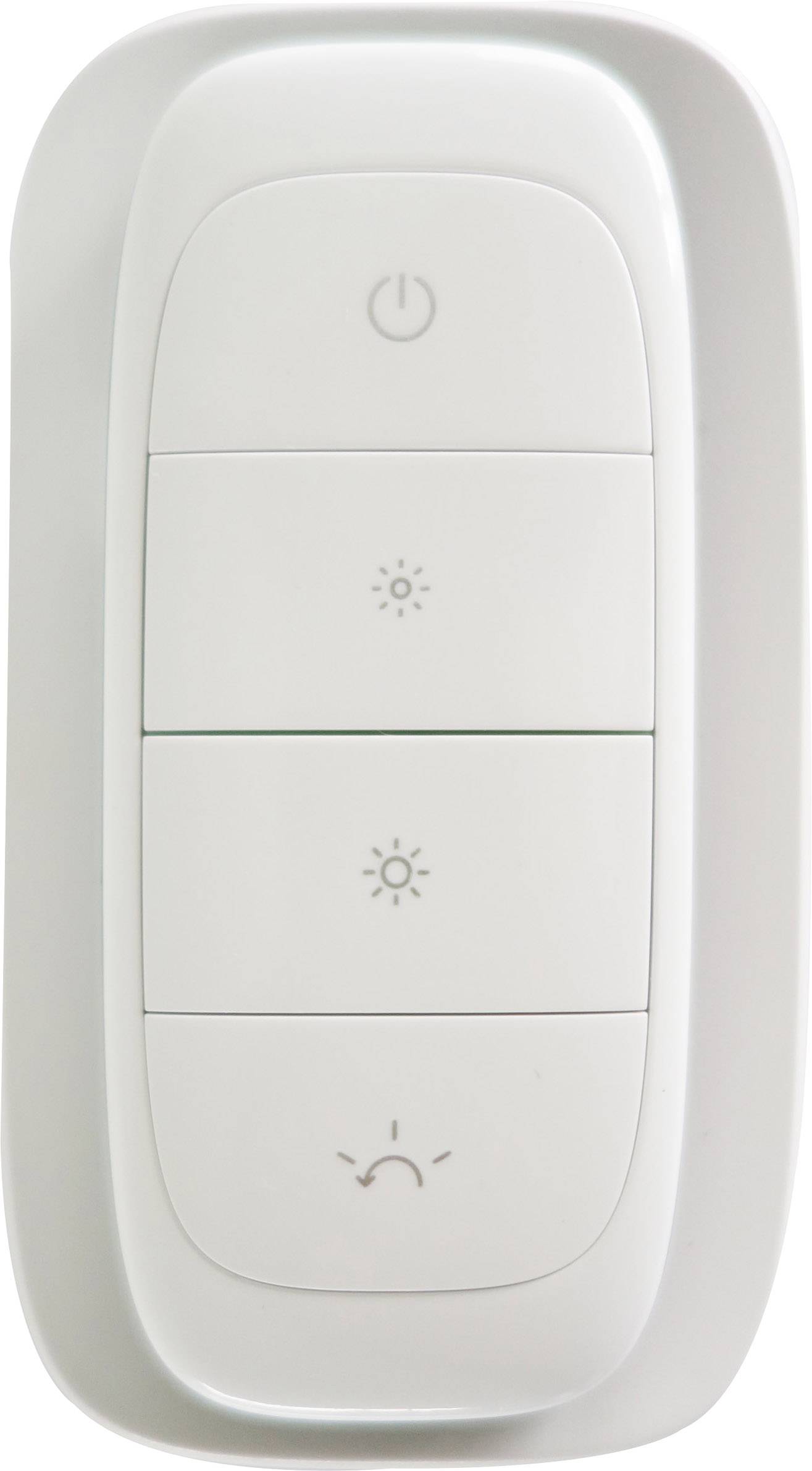 Biały włącznik naścienny z trzema przyciskami: włączanie/wyłączanie na górze, zwiększanie jasności pośrodku, zmniejszanie jasności na dole.