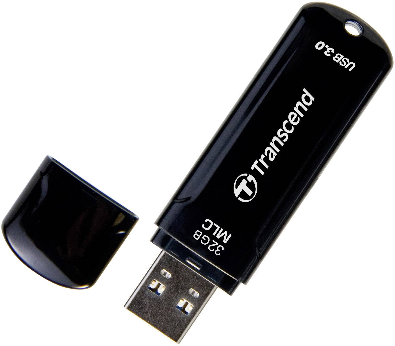 Czarny pendrive marki Transcend o pojemności 32 GB, USB 3.0, z odkręconym kołpakiem.