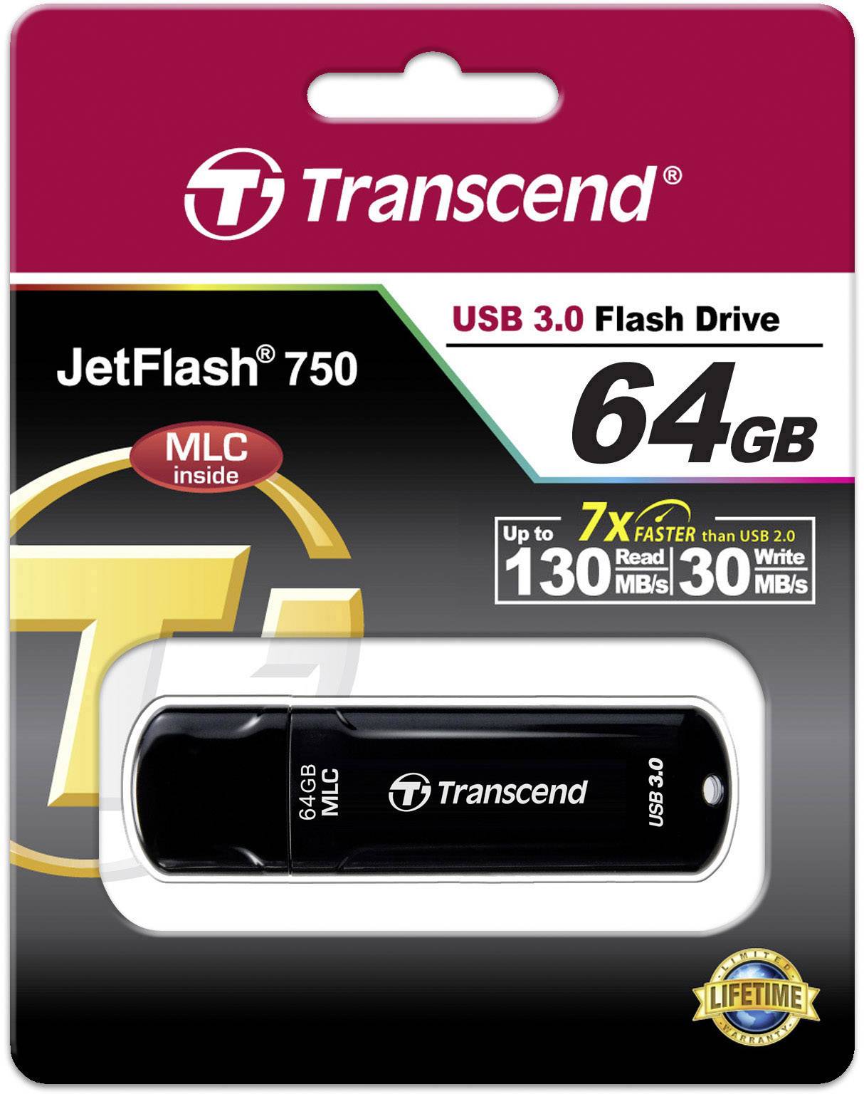 Pendrive USB 3.0, 64GB, nazwa marki 'Transcend', model 'JetFlash 750', z technologią MLC. Gwarantuje szybsze prędkości odczytu i zapisu.