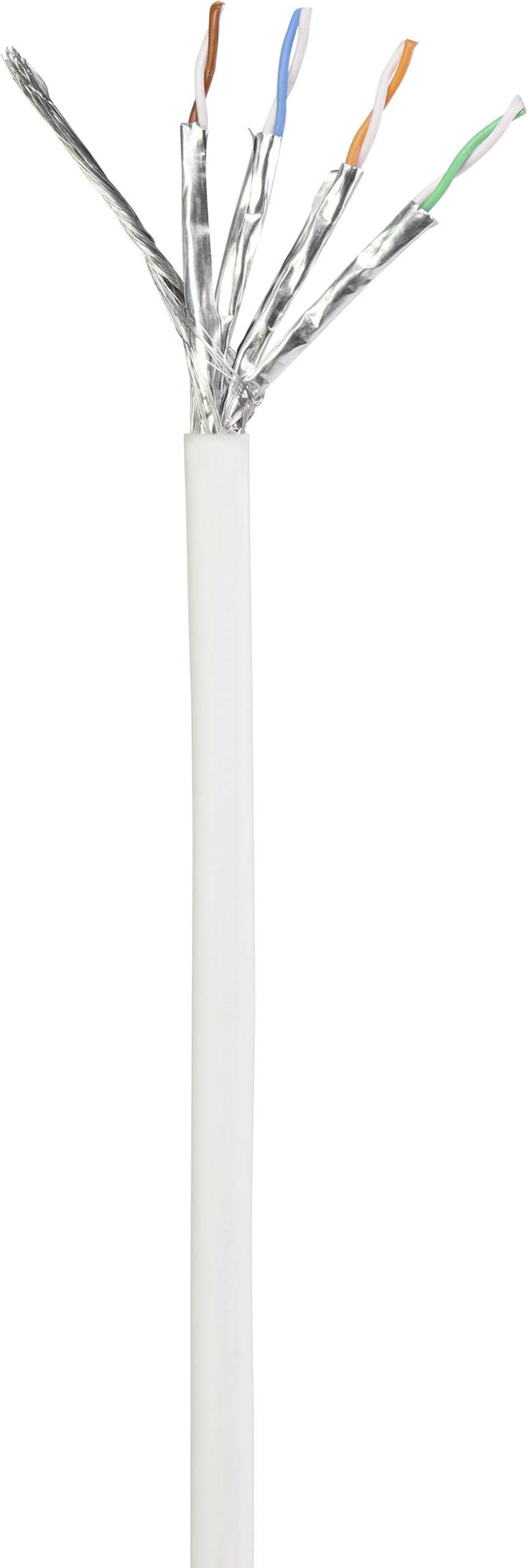 Otwarty odcinek kabla sieciowego LAN z ośmioma odsłoniętymi, kolorowo izolowanymi przewodami w srebrnej folii.