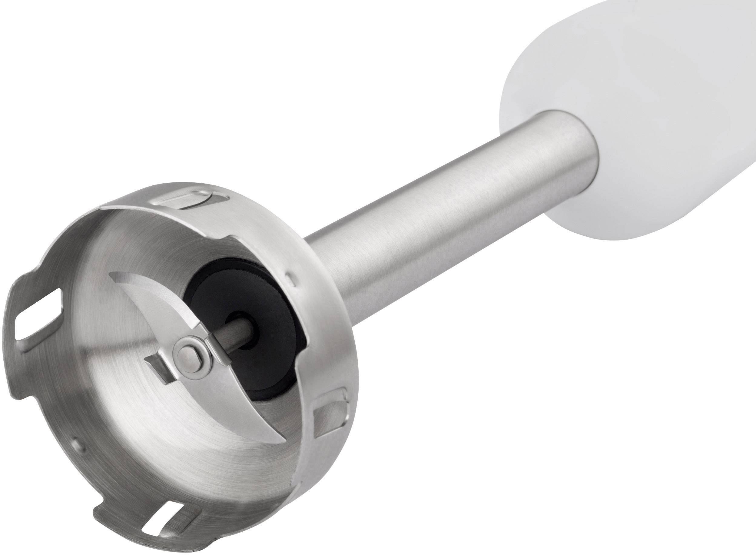 Srebrny blender ręczny z metalowym ostrzem i osłoną ochronną, idealny do mieszania składników w kuchni.