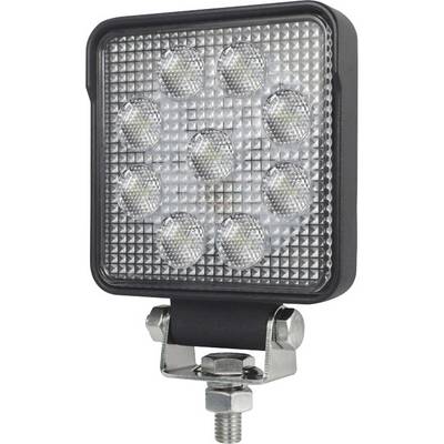Kwadratowy reflektor LED z ośmioma okrągłymi lampami, zamontowany na wsporniku, na białym tle.