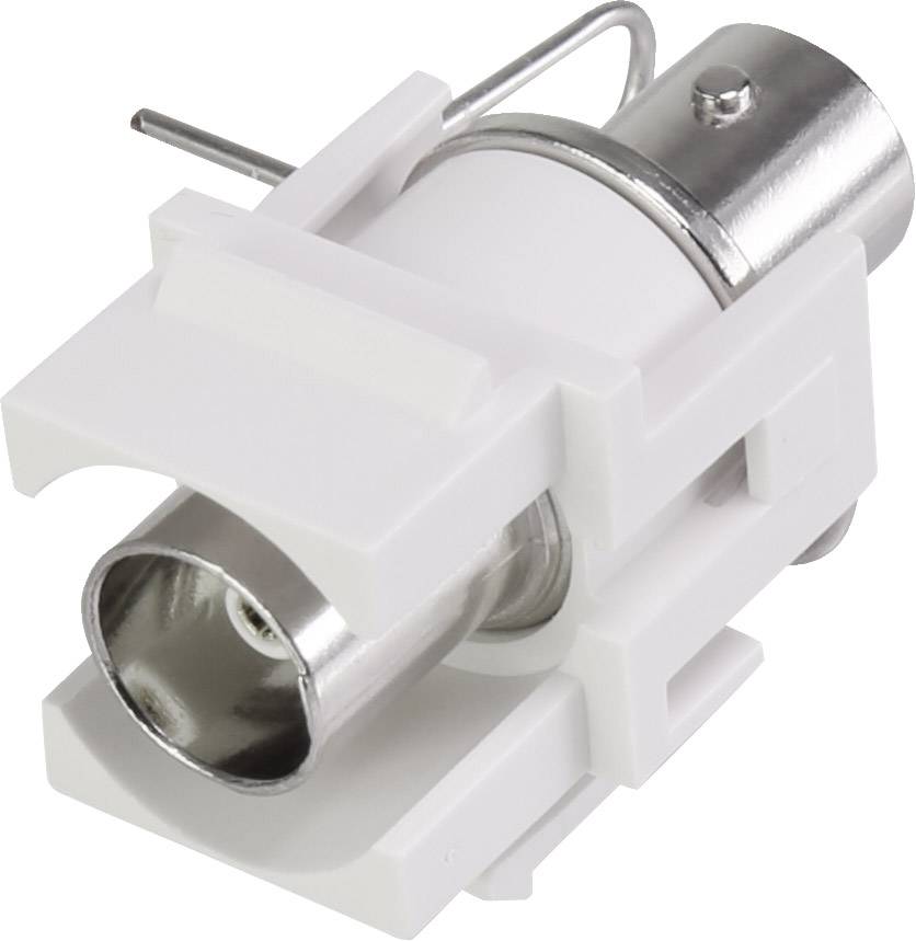 Biały złącze współosiowe z metalowym stykiem, odpowiednie do połączeń kabli TV lub antenowych. Przeznaczone specjalnie do montażu naściennego.