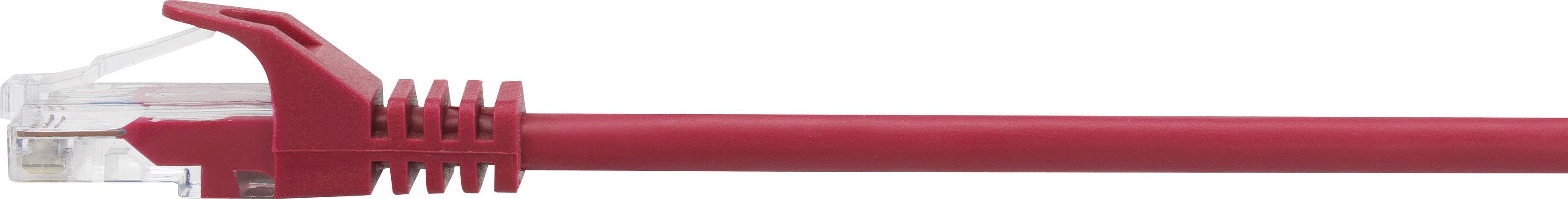 Czerwony kabel Ethernet, widoczny z boku, z przezroczystą wtyczką RJ45 na końcu, służący do połączenia sieciowego.