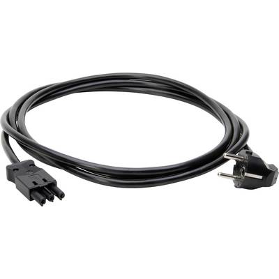 Czarny kabel sieciowy z wtyczką trzypinową po jednej stronie i dwupinową wtyczką EU po drugiej stronie, zwinięty w rolkę.