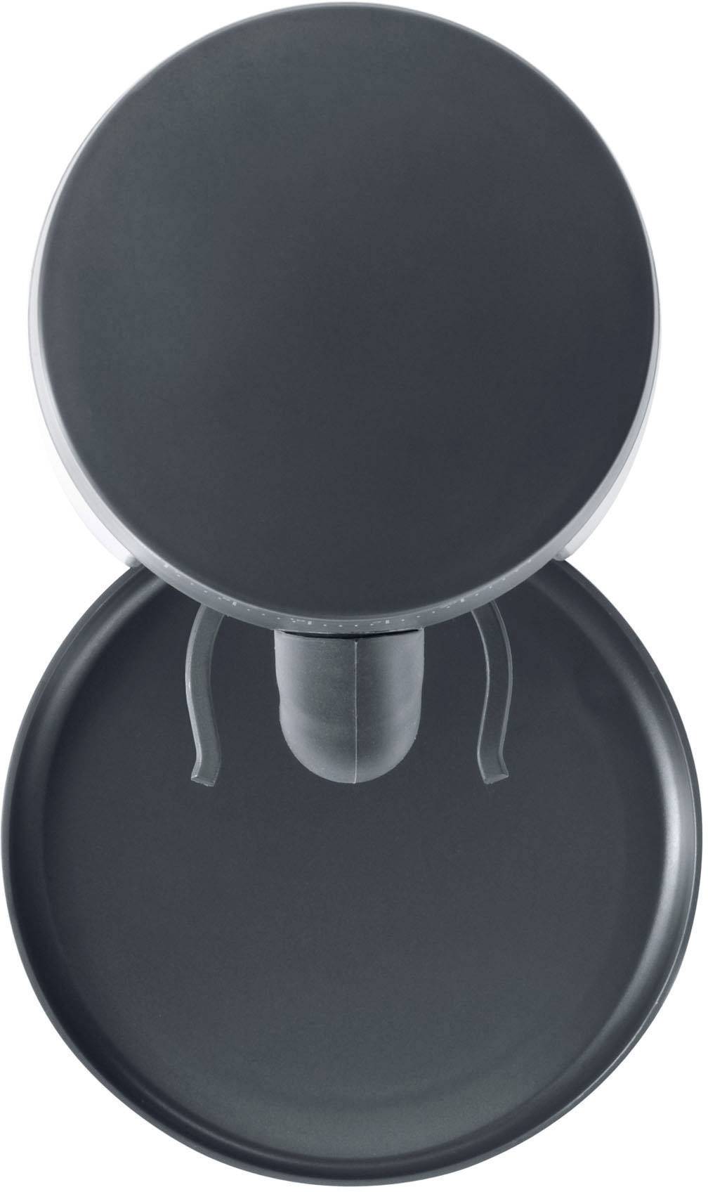 Ciemnoszare, okrągłe, dwuczęściowe urządzenie z pokrywką i centralnym uchwytem, widziane z góry.