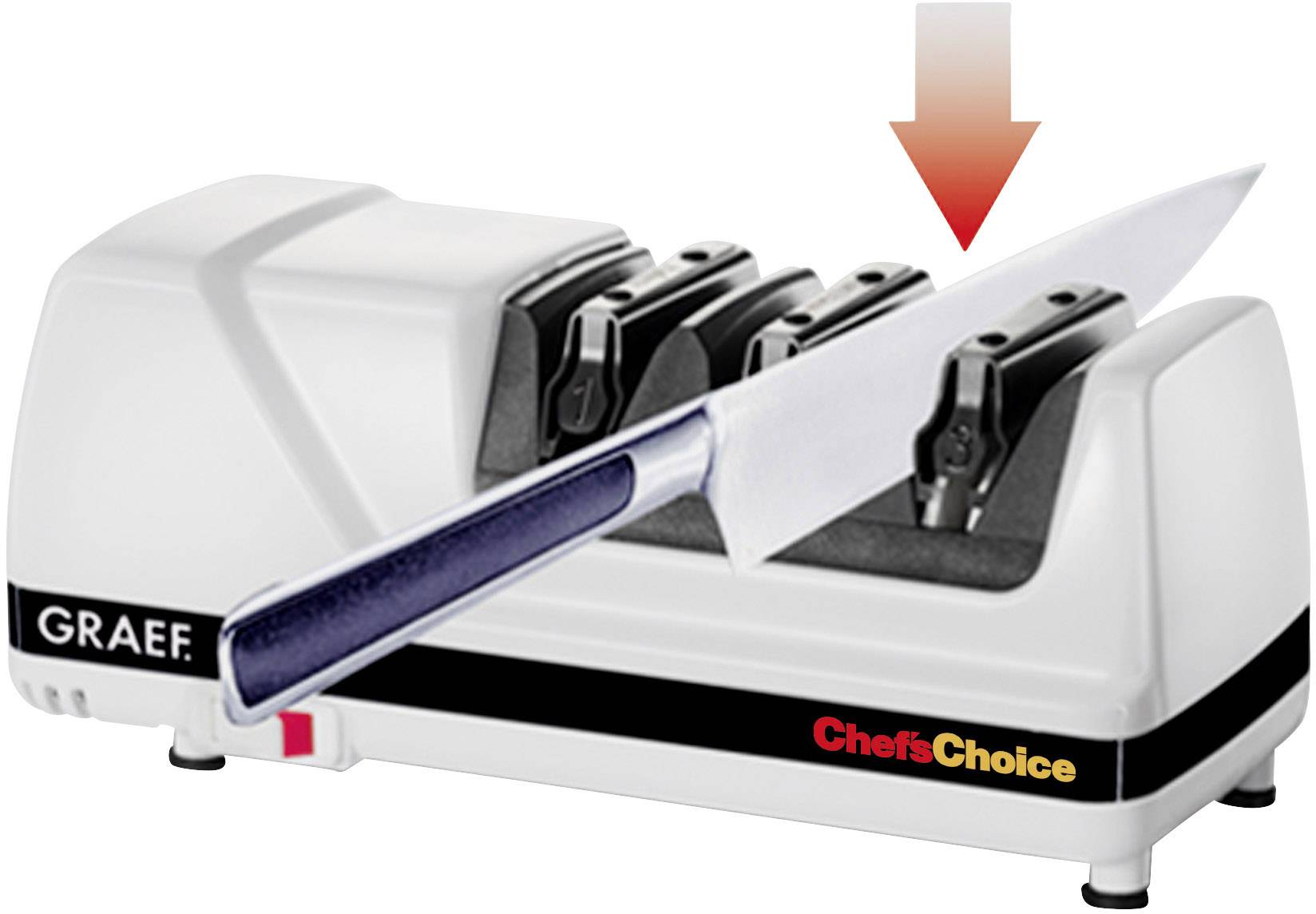 Elektryczny ostrzałka do noży z trzema szczelinami. Nóż wprowadza się do pierwszej szczeliny, oznaczonej czerwoną strzałką.