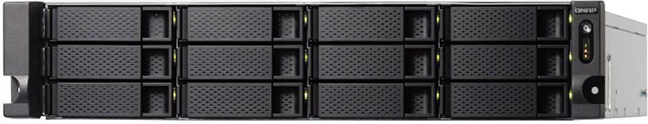 Czarny serwer z dwunastoma kieszeniami, zielonymi świecącymi wskaźnikami oraz nazwą marki po prawej stronie.