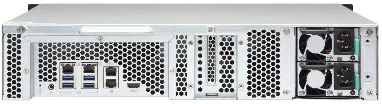 Komputer serwera widziany od tyłu, z wieloma kratkami wentylacyjnymi, portami USB i Ethernet oraz dwoma zasilaczami po prawej stronie.