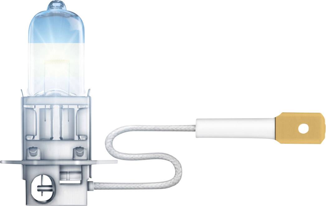 Pojedyncza lampa halogenowa do samochodu z niebieskim zabarwieniem i metalowym przewodem przyłączeniowym.