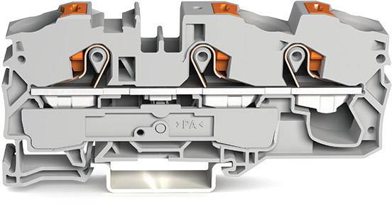 Szary, wielobiegunowy złącze z pomarańczowymi zatrzaskami. Służy do połączenia przewodów elektrycznych w szafach sterowniczych.
