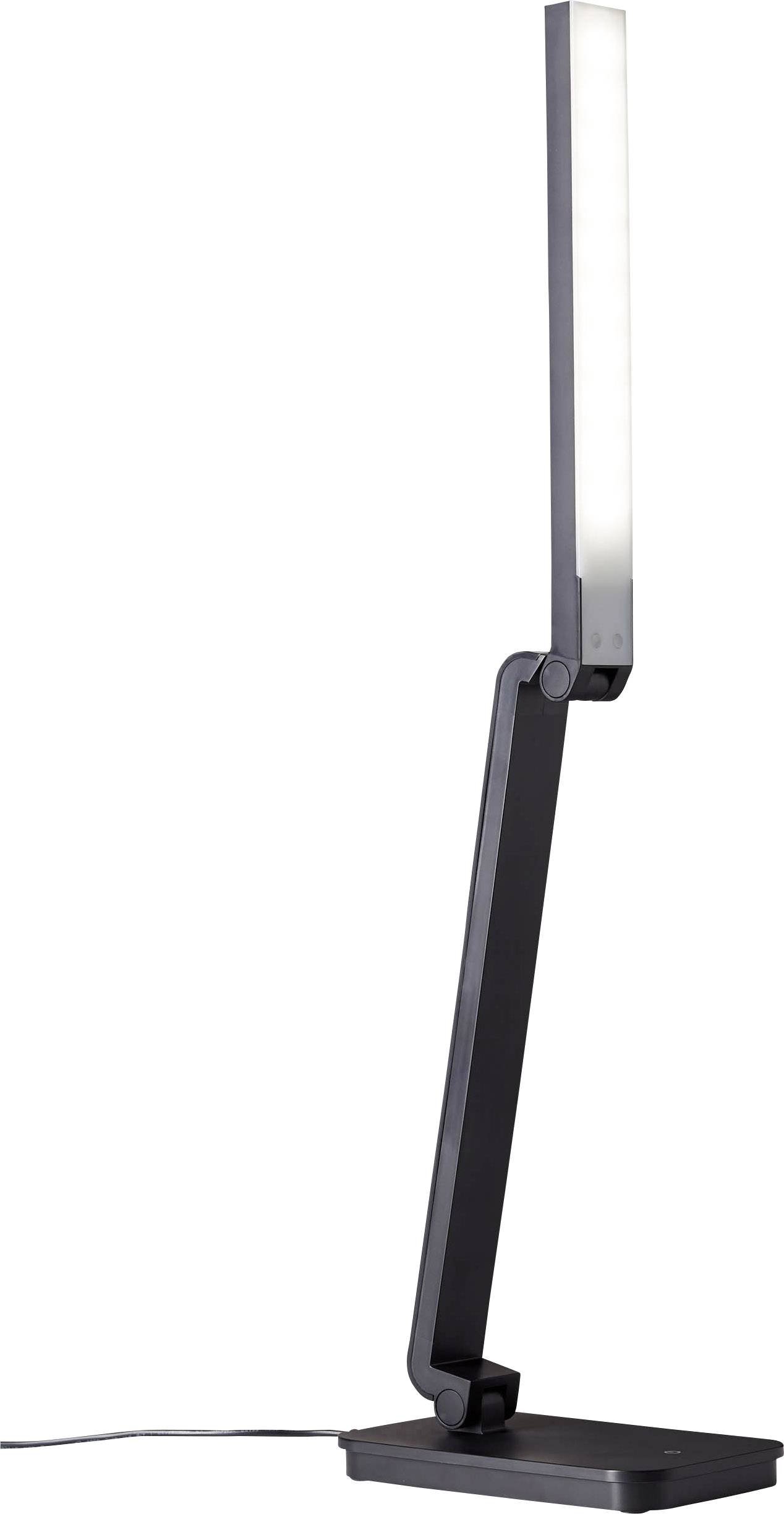 Czarna, nowoczesna lampa stołowa z wąskim, prostokątnym korpusem, obrotowym ramieniem i prostokątną podstawą, kabel przy podstawie.