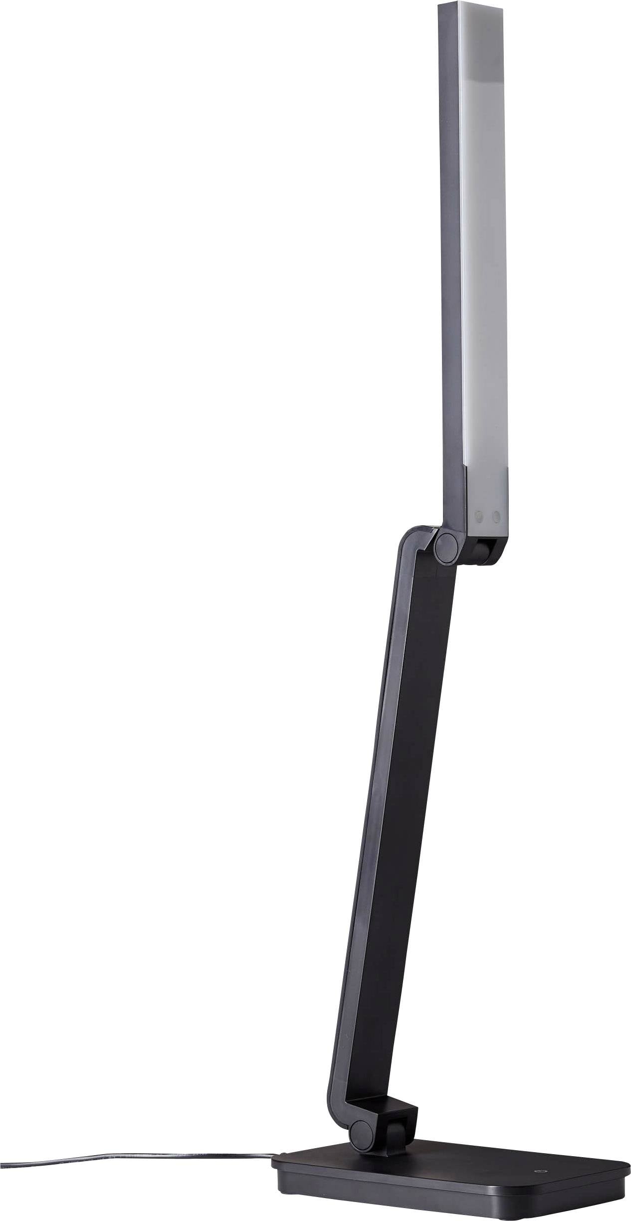 Czarna lampa biurkowa LED o nowoczesnym, smukłym designie na prostokątnej podstawie, idealna do pracy lub czytania.