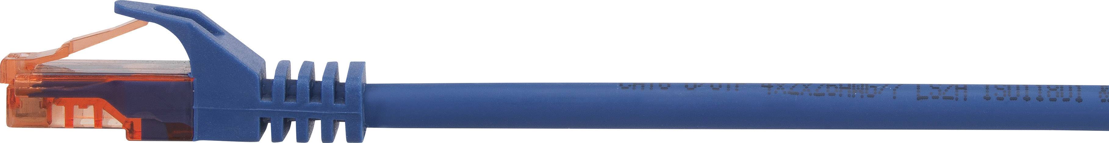 Niebieskie przewód sieciowy z pomarańczowym złączem, typowo używany do połączeń Ethernet.