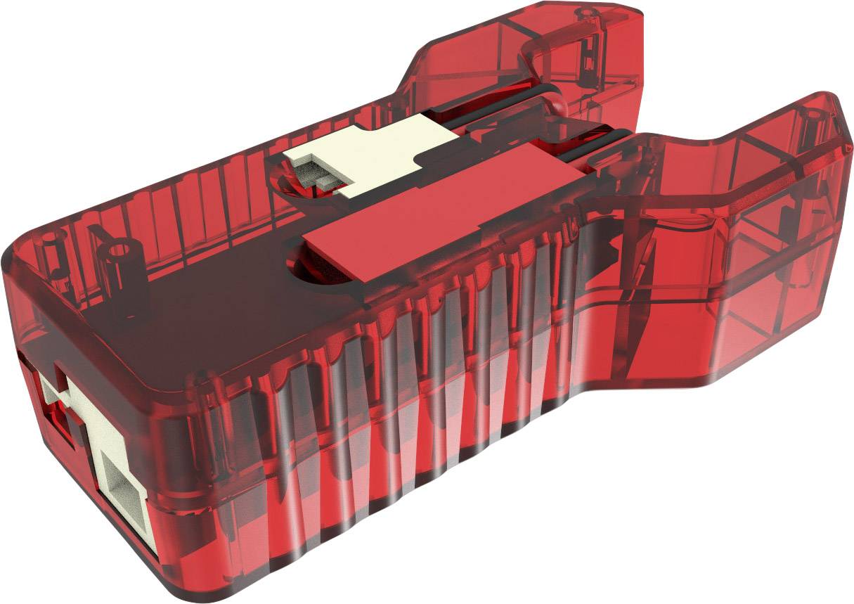 Czerwona, przezroczysta złączka kablowa z tworzyw sztucznych z dwoma otworami, widoczna z boku i od góry, przeznaczona do instalacji elektrycznych.