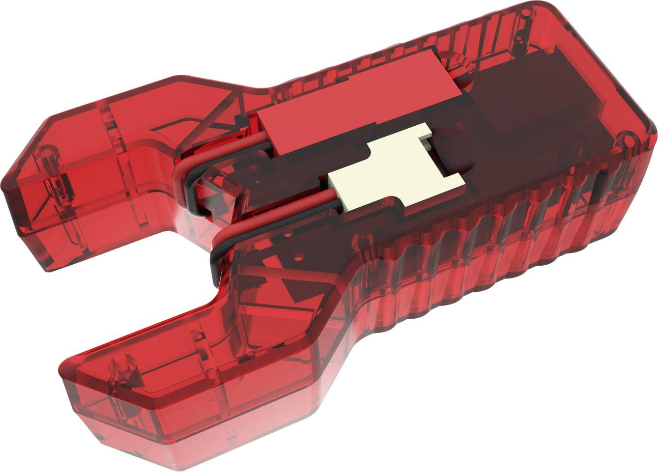 Przezroczyste czerwone narzędzie z tworzywa sztucznego w kształcie litery U, ukazujące mechanizm wewnątrz, prawdopodobnie przeznaczone do zaciskania lub zakładania złączek.