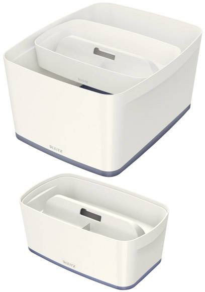 Dwa białe, prostokątne pojemniki o zaokrąglonych narożnikach i nowoczesnym designie. Większy pojemnik zawiera mniejszy.