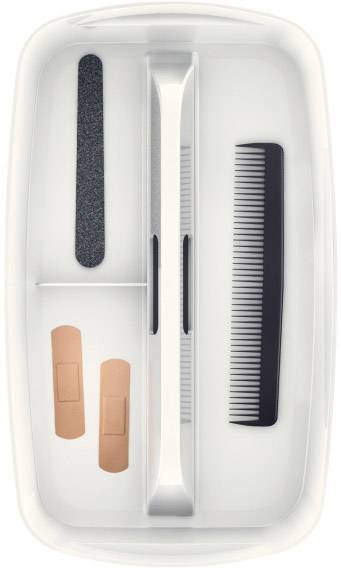Biała taca z paskiem do pilnika do paznokci, grzebieniem, parą plastrów i białym plastikowym przedmiotem pośrodku.
