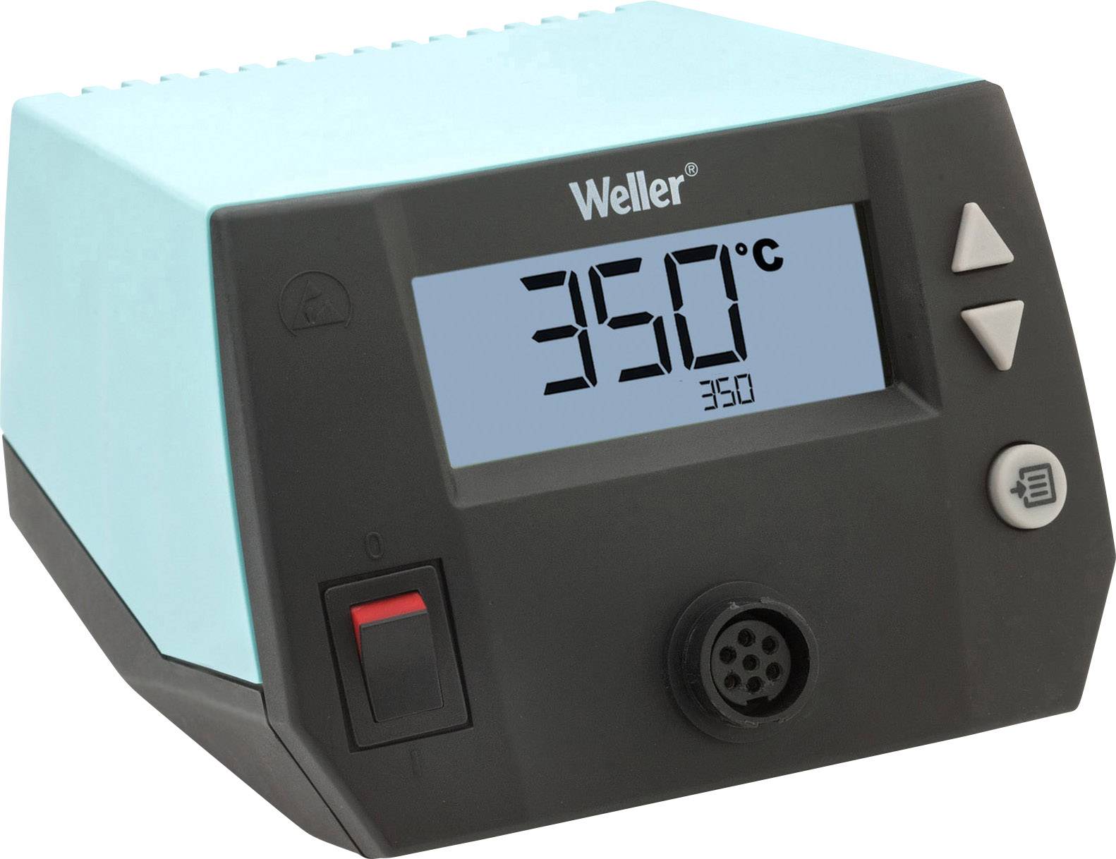 Wyświetlacz stacji lutowniczej wskazuje '350°C'. Widoczne elementy sterujące regulacji temperatury.