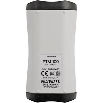 Termometr PTM-100, zakres temperatur od -200°C do 450°C, producent Voltcraft, numer seryjny, oznaczenie CE widoczne.