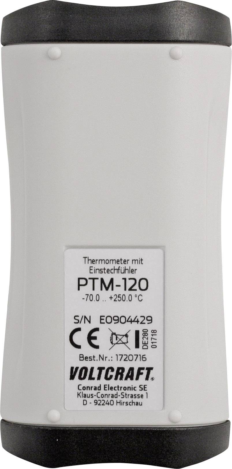 Termometr z czujnikiem, model PTM-120, zakres pomiarowy od -70°C do +250°C, producent Voltcraft, numer seryjny i znak CE.