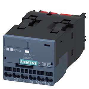 Elektryczne przekaźnika łączeniowe marki Siemens z serii Sirius. Nadruk: 'SF DEVICE, 2.4V DC, 3RA2711'.
