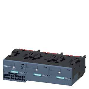 Szary system przekaźnikowy Siemens Sirius z wieloma zaciskami przyłączeniowymi i przełącznikami, przeznaczony do sterowania przemysłowego i automatyzacji.