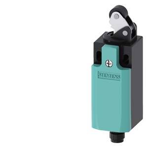 Łącznik krańcowy firmy Siemens z dźwignią, zielonym obudową i czarną górną częścią. Stosowany w zastosowaniach przemysłowych do monitorowania pozycji.