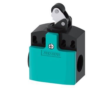 Turkusowo-czarny przycisk sterowniczy z mechanizmem dźwigniowym. Logo Siemensa widoczne z przodu. Element elektryczny do zastosowań przemysłowych.