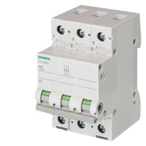 Trójbiegunowy wyłącznik nadprądowy firmy Siemens, model 5SL6103-7, z zielono oznaczonymi przełącznikami, przeznaczony do ochrony przed przeciążeniami w obwodach elektrycznych.