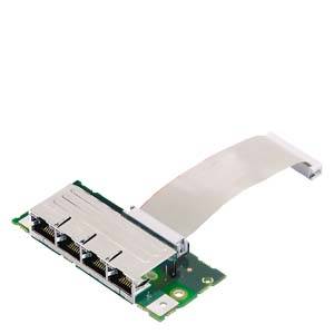 Elektroniczna płytka drukowana z czterema portami Ethernet i elastycznym przewodem, prawdopodobnie używana jako moduł przyłączeniowy.