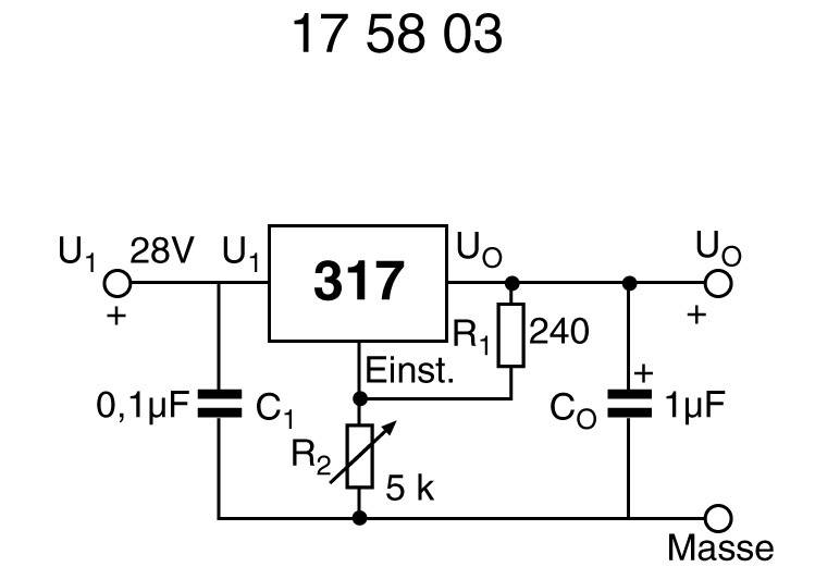 Schemat elektryczny regulatora napięcia: U1=28V, wyjście Uo poprzez rezystory R1, R2, kondensatory C1, Co. Możliwość regulacji do 5 kΩ.