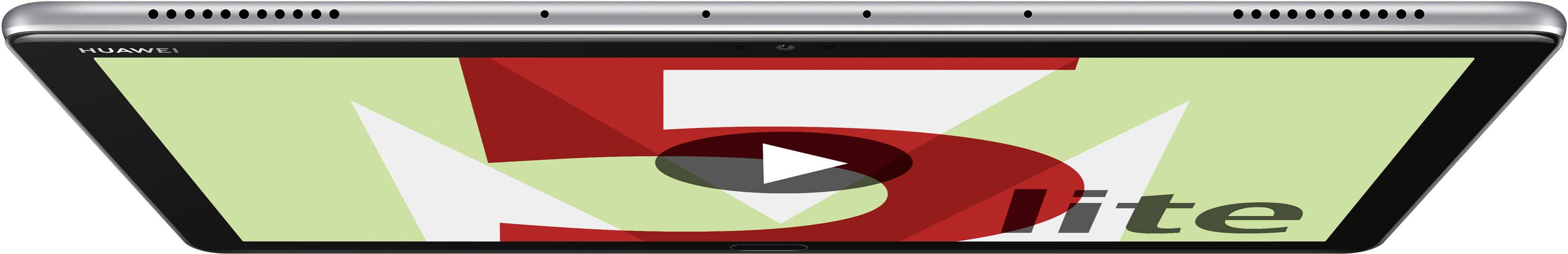 Tablet widziany z góry z ekranem wyświetlającym logo 'M5 lite'. Po lewej i prawej stronie widoczne są głośniki.